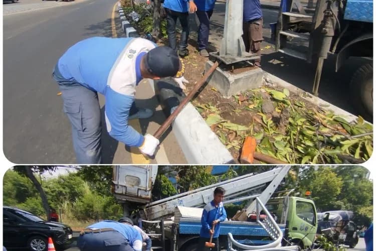 Tersenggol Truk, Tiang PJU Jalan Sumatra Bengkok Parah, Dishub Langsung Lakukan Penggantian